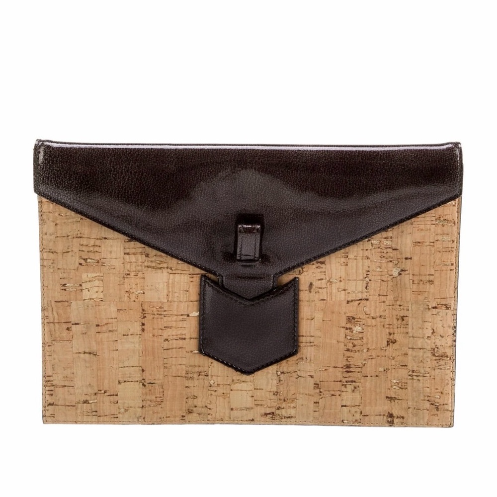 YSL Patent Leather Trim Cork Envelope Clutch in Dark Brown. NEW!!!